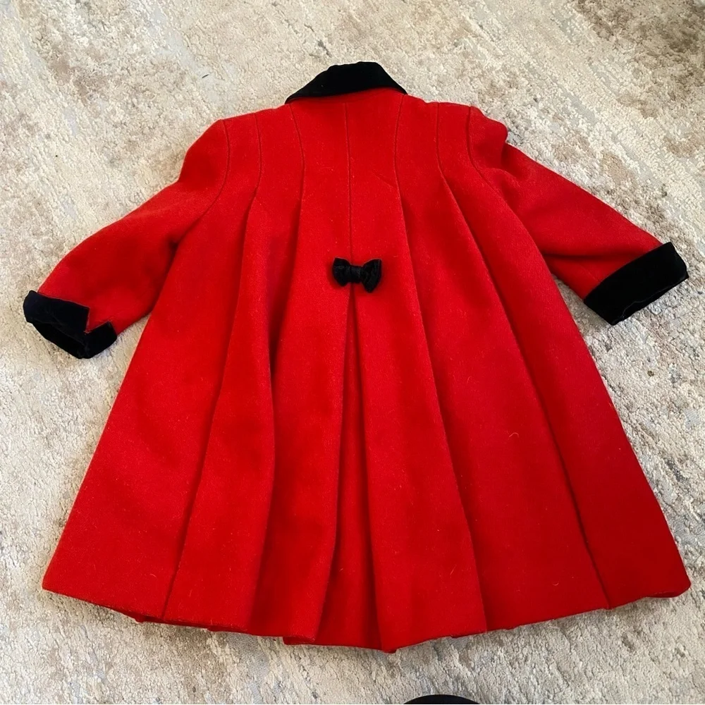 Rothschild Vintage Classic Red Christmas Coat Black Velvet Trim and Bows Accents